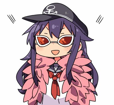 1girl, :d, akatsuki_(kantai_collection), blush, cosplay, donquixote_doflamingo, donquixote_doflamingo_(cosplay), hat
