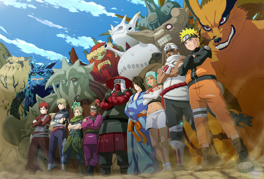 2girls, 6+boys, absurdres, aqua_hair, beard, bike_shorts, black_shorts, blonde_hair, blue_eyes, brown_eyes, brown_hair, character_request, crossed_arms, dark_skin, facial_hair, facial_mark, from_below, full_body, fuu_(naruto), gaara_(naruto), groin, hair_over_one_eye, han_(naruto), headband, highres, killer_bee, lens_flare, midriff, multiple_boys, multiple_girls, naruto, naruto_shippuuden, navel, nii_yugito, orange_pants, outdoors, redhead, shorts, shorts_under_skirt, silver_hair, skirt, spiky_hair, standing, stomach, utakata_(naruto), uzumaki_naruto, white_skirt, yagura_(naruto)