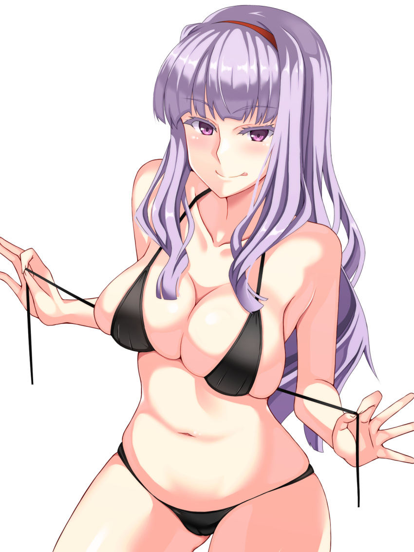 1girl, bikini, black_bikini, breasts, cleavage, cowboy_shot, curvy, fosamaguna, hairband, highres, idolmaster, red_hairband, shijou_takane, silver_hair, solo, swimsuit, violet_eyes, white_background