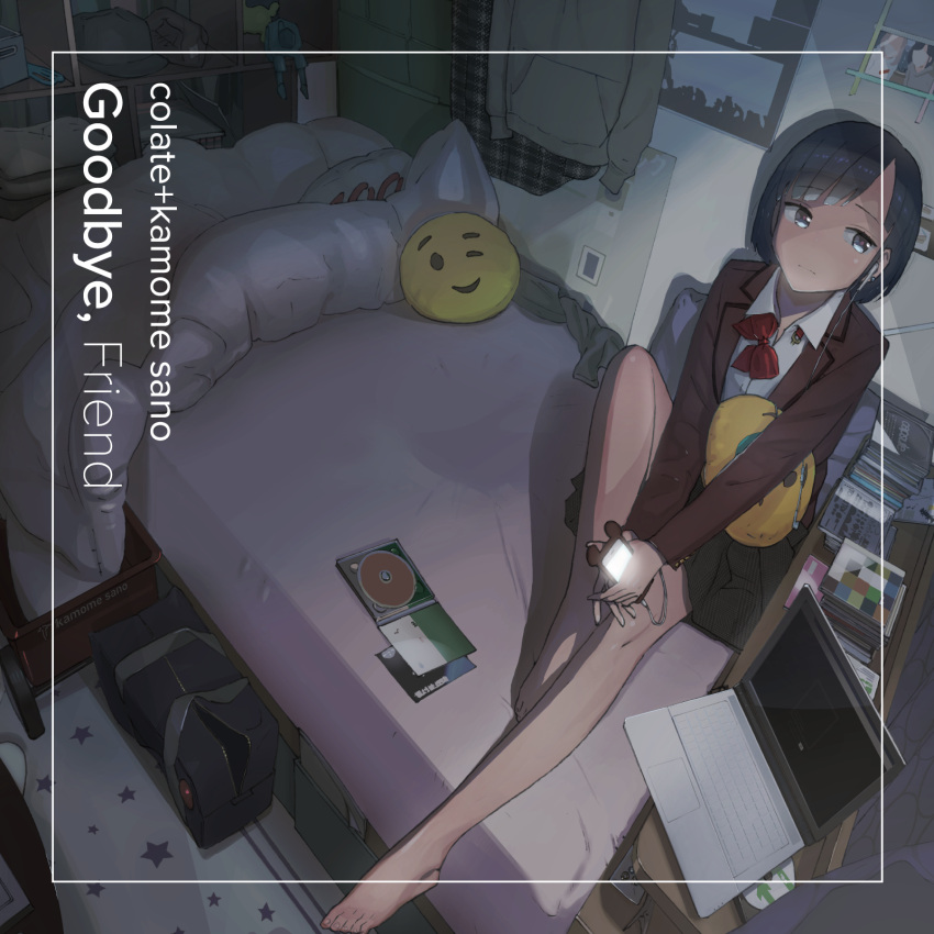 (stag), 1girl, album_cover, bag, bangs, barefoot, bedroom, blanket