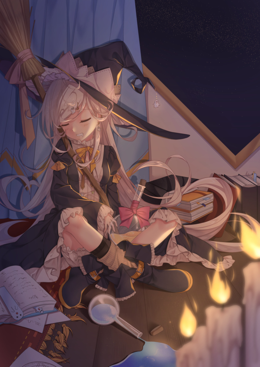 1girl, bangs, black_legwear, bloomers, blurry, blush, book, book_stack, bookmark, bow, breasts, broom, broom_hair_ornament, candle, closed_eyes, curtains, depth_of_field, dress, fire, full_body, ghost_hair_ornament, hat, head_tilt, highres, indian_style, juliet_sleeves, kneehighs, long_hair, long_sleeves, loose_socks, on_floor, open_book, original, paper, parted_lips, pink_bow, pink_ribbon, puffy_sleeves, ribbon, round-bottom_flask, rug, silhouette, sitting, sleeping, small_breasts, socks, solo, spill, swept_bangs, transistor, underwear, very_long_hair, white_hair, witch, witch_hat