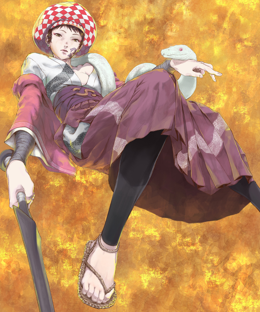 1girl, animal_print, arm_wrap, belir, black_hair, blade_of_the_immortal, brown_eyes, brown_hair, closed_mouth, diamond_(shape), doa_(blade_of_the_immortal), earrings, face_painting, fingernails, flat_chest, hakama, hat, holding, holding_weapon, invisible_chair, japanese_clothes, jewelry, leaning_back, looking_at_viewer, off_shoulder, pants, short_hair, sitting, snake, stud_earrings, tight, tight_pants, toenails, waraji, weapon, yellow_background