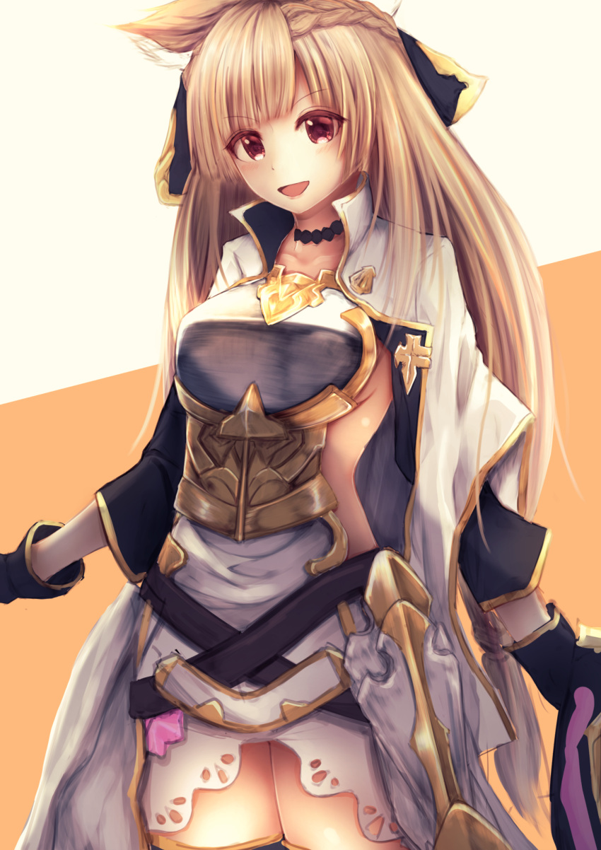1girl, :d, animal_ears, armor, bangs, belt, black_gloves, black_legwear