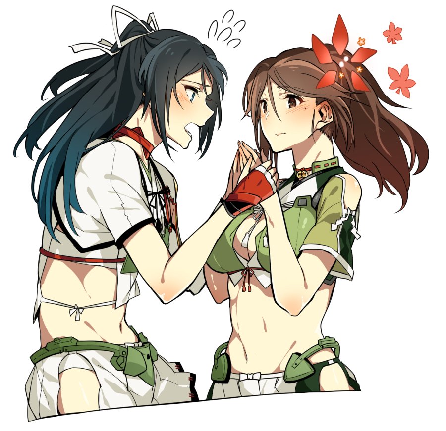 2girls, amagi_(kantai_collection), asakawa_(outeq), bare_shoulders, black_hair, blue_eyes, blush, breasts