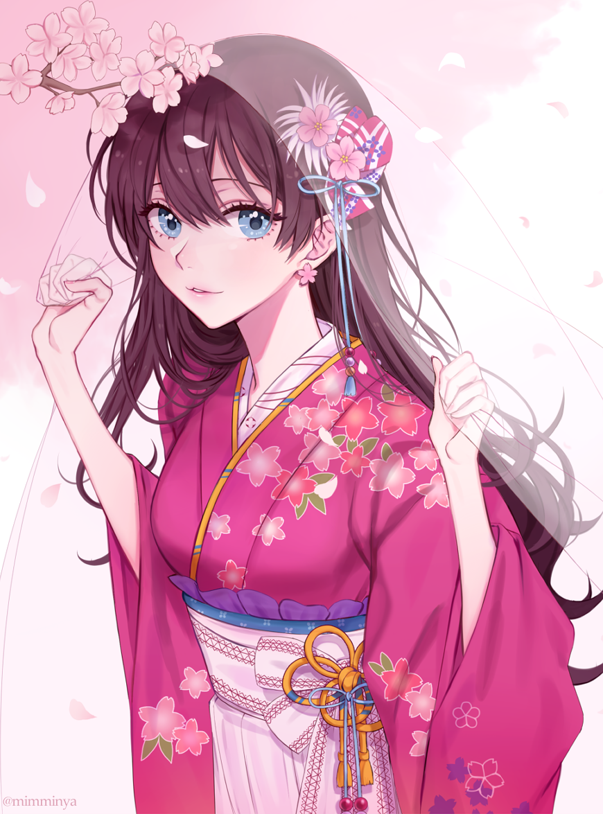 1girl, :3, bangs, blue_eyes, breasts, brown_hair, cherry_blossoms, earrings, eyelashes, fingernails, floral_print, flower, flower_earrings, hair_between_eyes, hair_flower, hair_ornament, hakama, holding, ichinose_shiki, idolmaster, idolmaster_cinderella_girls, japanese_clothes, jewelry, kimono, lipstick, long_hair, long_sleeves, looking_at_viewer, makeup, medium_breasts, nail_polish, parted_lips, pink_background, pink_flower, pink_kimono, pink_lips, pink_nails, print_kimono, pururu_(rurucatnya), see-through, smile, solo, twitter_username, upper_body, veil, white_background, wide_sleeves