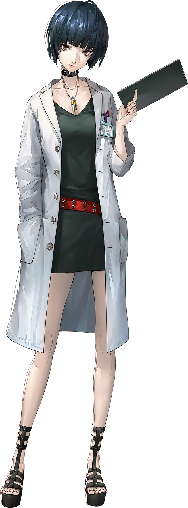 1girl, black_hair, bob_cut, brown_eyes, clipboard, full_body, highres, jewelry