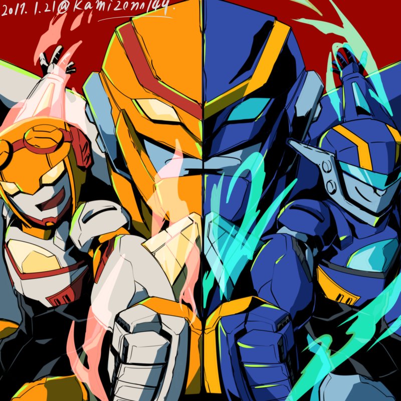 2017, 2boys, artist_name, autobot, blue_eyes, clenched_hand, dated, fusion, glowing, jetfire, jetfire_(transformers), jetstorm, jetstorm_(transformers), kamizono_(spookyhouse), machine, machinery, mecha, multiple_boys, no_humans, open_mouth, red_background, robot, safeguard_(transformers), smile, transformers, transformers_animated, twitter_username, weapon, yellow_eyes