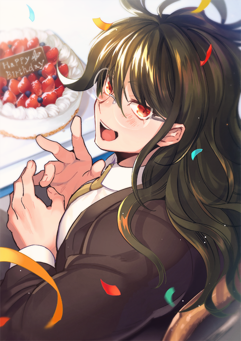 1boy, birthday, birthday_cake, blazer, blueberry, brown_hair, cake, chair, confetti, dangan_ronpa, dark_skin, dark_skinned_male, food, fruit, glasses, gokuhara_gonta, hasumikaoru, jacket, long_hair, looking_at_viewer, male_focus, new_dangan_ronpa_v3, red_eyes, round_glasses, school_uniform, sitting, smile, solo, strawberry, streamers