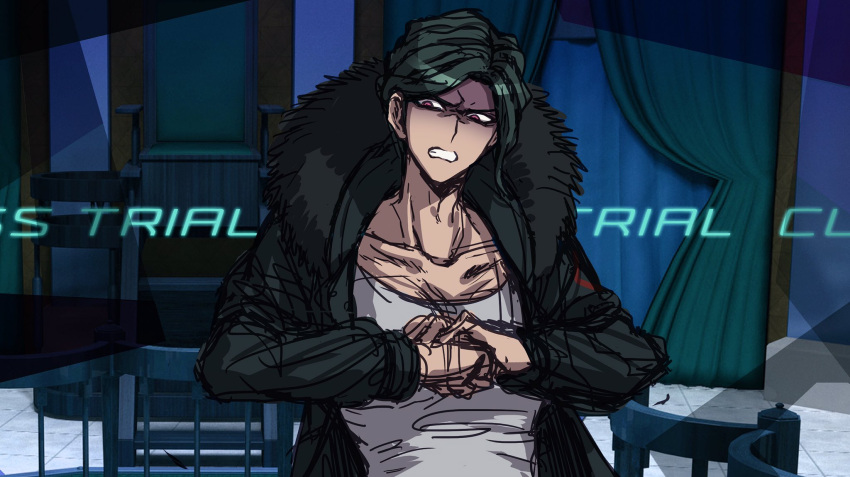 1boy, clenched_hand, clenched_teeth, cracking_knuckles, dangan_ronpa, dangan_ronpa_3, fake_screenshot, fur-trimmed_jacket