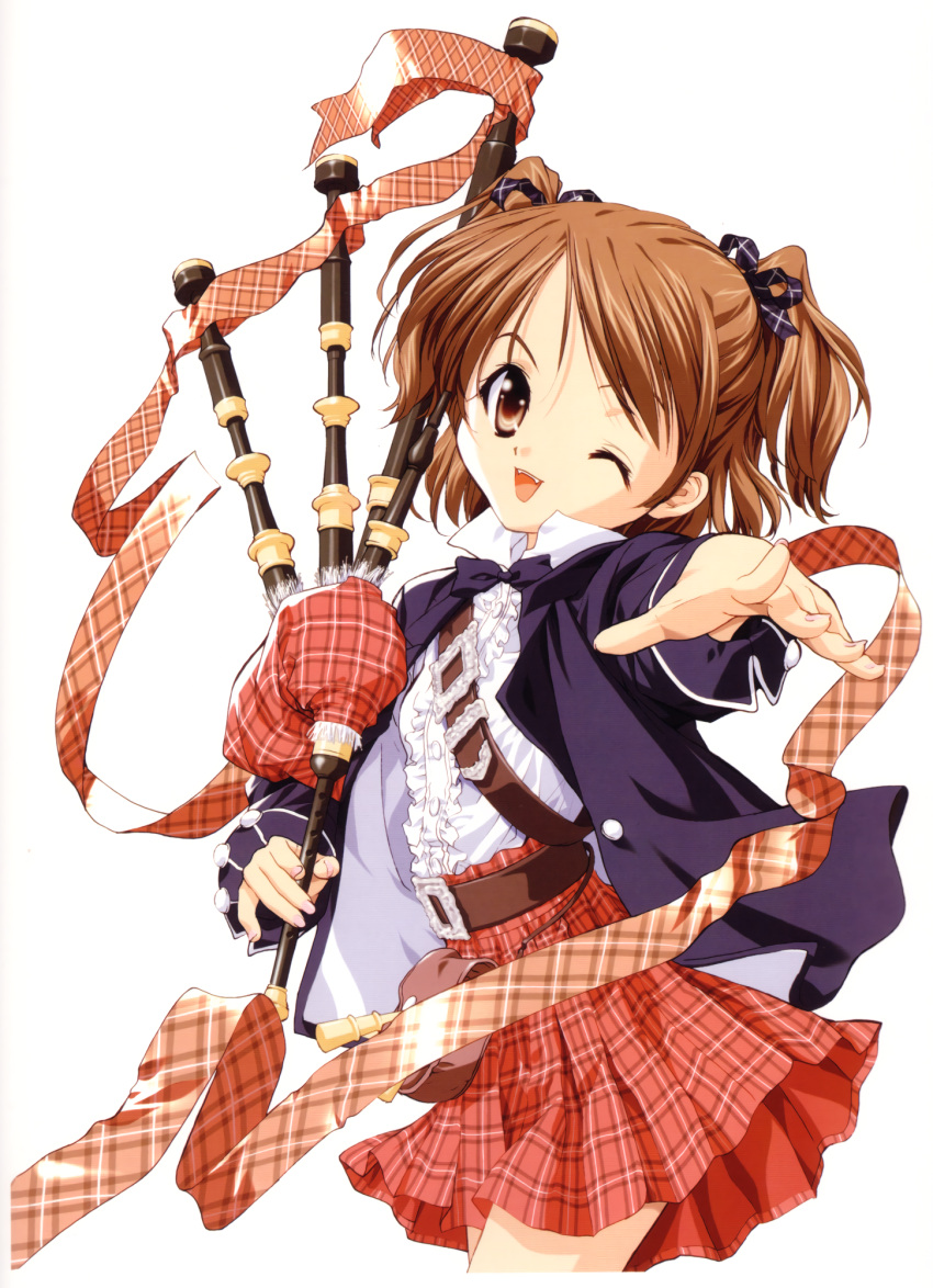 1girl, artist_request, bagpipes, cowboy_shot, fangs, frilled_shirt, frills, hair_ribbon