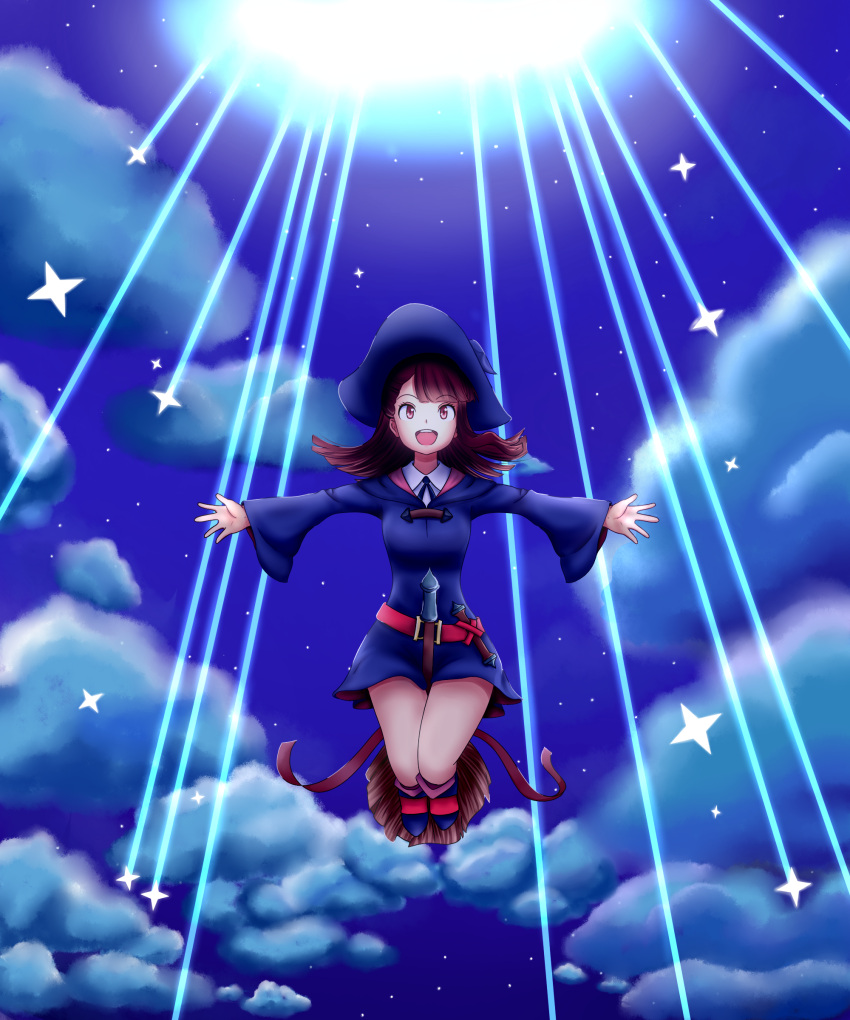1girl, :d, absurdres, akko_kagari, between_legs, blacky, blue_cloak, blue_hat