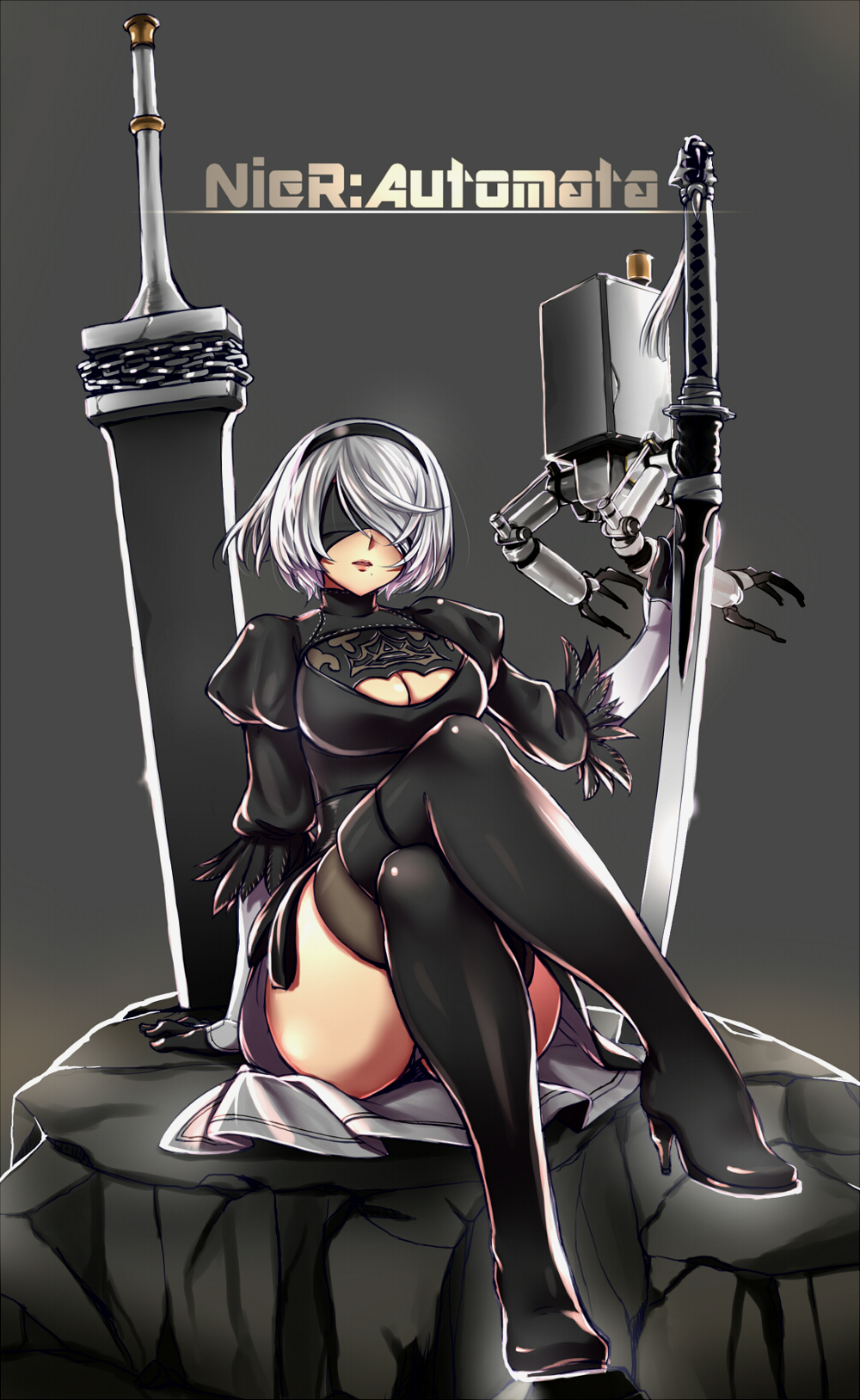 1girl, ass, black_dress, black_gloves, black_legwear, blindfold, breasts, cleavage