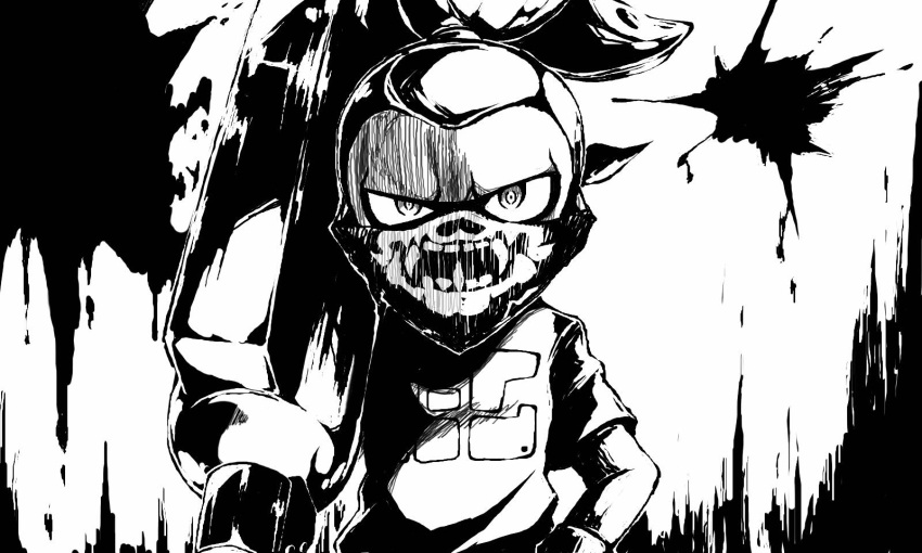 1boy, bandana_over_mouth, domino_mask, greyscale, highres, inkling, male_focus, male_inkling