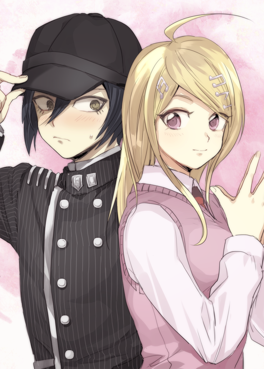 1boy, 1girl, ahoge, akamatsu_kaede, baseball_cap, beamed_quavers, beamed_semiquavers, black_hair