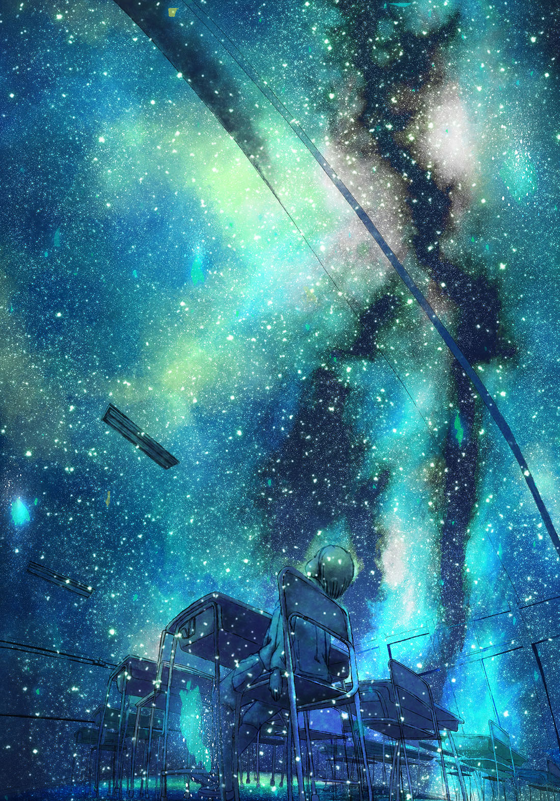 1girl, chair, chalkboard, classroom, commentary, dark, desk, galaxy