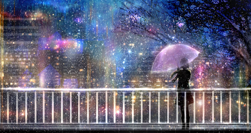 00, 1girl, bare_tree, blurry, building, city, city_lights, colorful