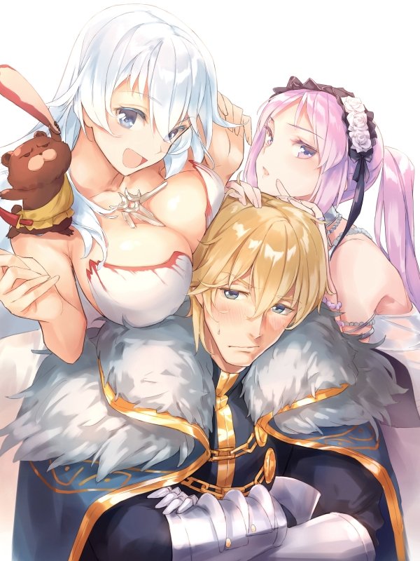 1boy, 1girl, 2girls, ahoge, armor, artemis_(fate/grand_order), bare_shoulders, blonde_hair
