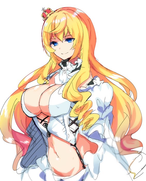 1girl, blonde_hair, blue_eyes, breasts, bustier, cleavage, closed_mouth, crown