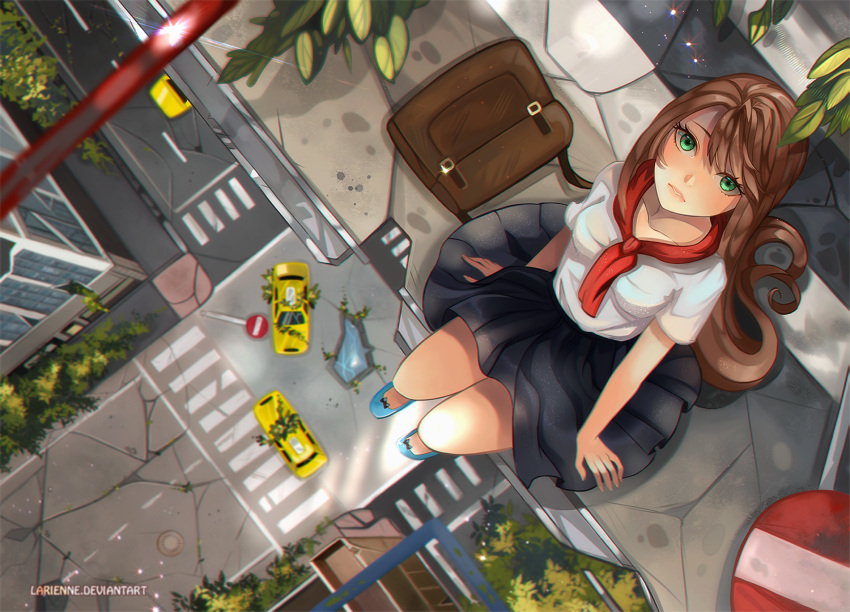 1girl, artist_name, black_skirt, blue_shoes, brown_hair, commentary, from_above, green_eyes