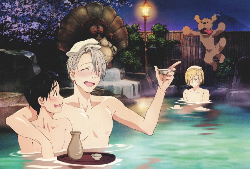 3boys, ^_^, absurdres, arm_around_shoulder, bathing, black_hair, blonde_hair, blush