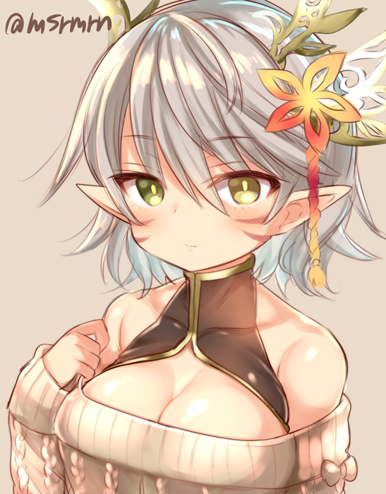 1girl, bare_shoulders, breasts, brown_background, cleavage, contemporary, dragon_girl, dragon_horns, facial_mark, green_eyes, hair_ornament, heterochromia, horns, kaede_(p&amp;d), looking_at_viewer, marshmallow_mille, medium_breasts, pointy_ears, puzzle_&amp;_dragons, short_hair, simple_background, solo, sweater, twitter_username, yellow_eyes