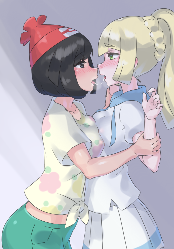 2girls, after_kiss, alternate_hairstyle, aqua_shorts, bangs, black_hair, blonde_hair, blue_eyes, blunt_bangs, blush, bracelet, braid, breast_press, breasts, evuoaniramu, female_protagonist_(pokemon_sm), floral_print, from_side, hat, heavy_breathing, jewelry, leaning_forward, lillie_(pokemon), long_hair, looking_at_another, medium_breasts, miniskirt, multiple_girls, open_mouth, pleated_skirt, pokemon, pokemon_(game), pokemon_sm, ponytail, puffy_short_sleeves, puffy_sleeves, red_hat, saliva, saliva_trail, shirt, short_hair, short_shorts, short_sleeves, shorts, skirt, swept_bangs, symmetrical_docking, t-shirt, tied_shirt, twin_braids, upper_body, white_shirt, white_skirt, wrist_grab, yellow_shirt, yuri