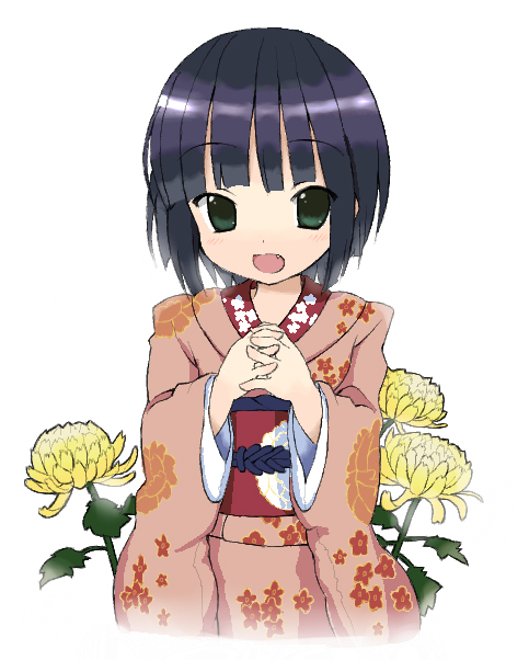 bangs, black_hair, blunt_bangs, blush, bob_cut, fang, flower, green_eyes, ikoku_meiro_no_croisee, ikoku_meiro_no_kurowaaze, japanese_clothes, kakifly, kimono, oekaki, short_hair, yune_(ikoku_meiro_no_croisee), yune_(ikoku_meiro_no_kurowaaze)