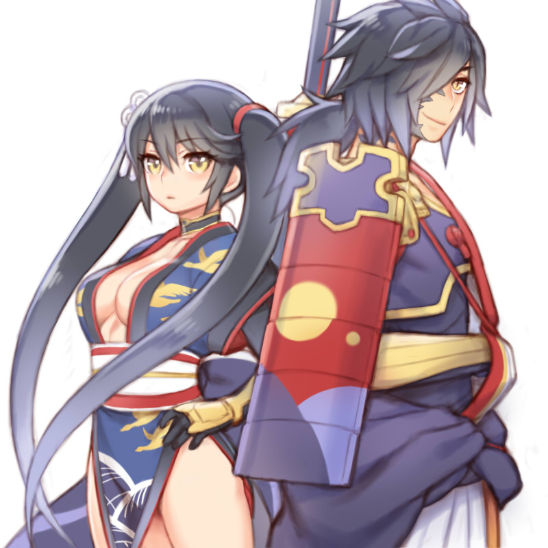 1boy, 1girl, alternate_hairstyle, armor, black_gloves, black_hair, breasts, china_dress