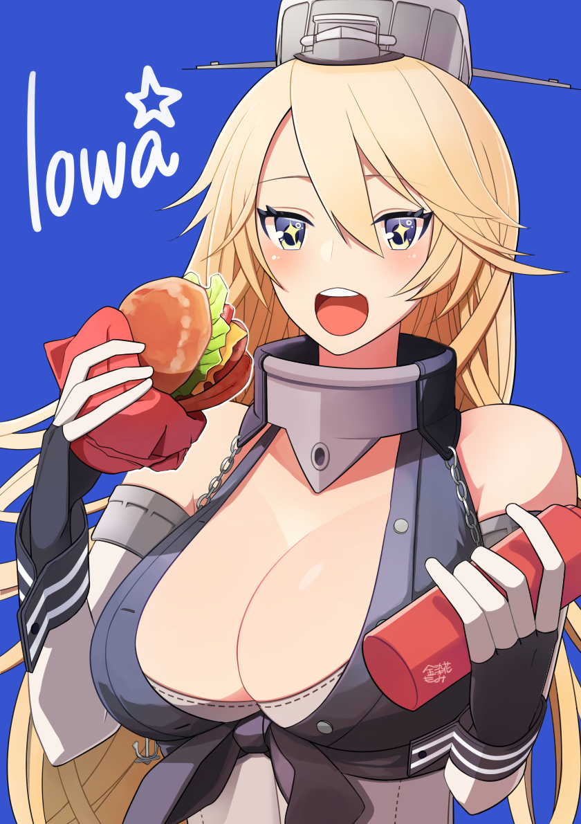 1girl, blonde_hair, blue_eyes, breasts, character_name, elbow_gloves, fingerless_gloves, food