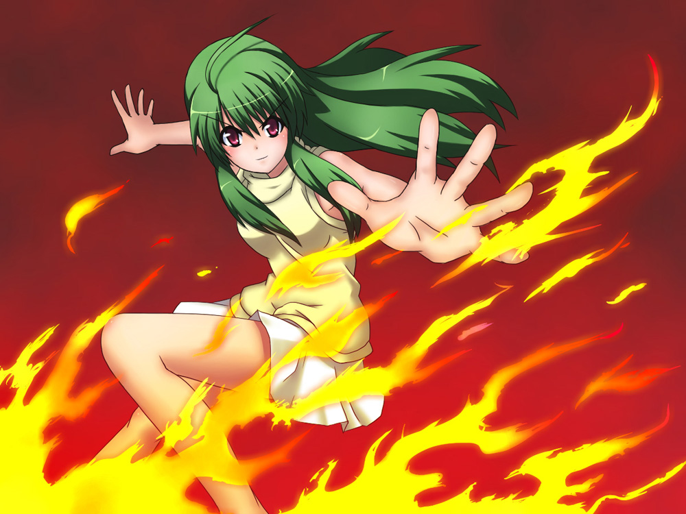 fire, green_hair, inukami!, long_hair, red_eyes, s-no, skirt, youko