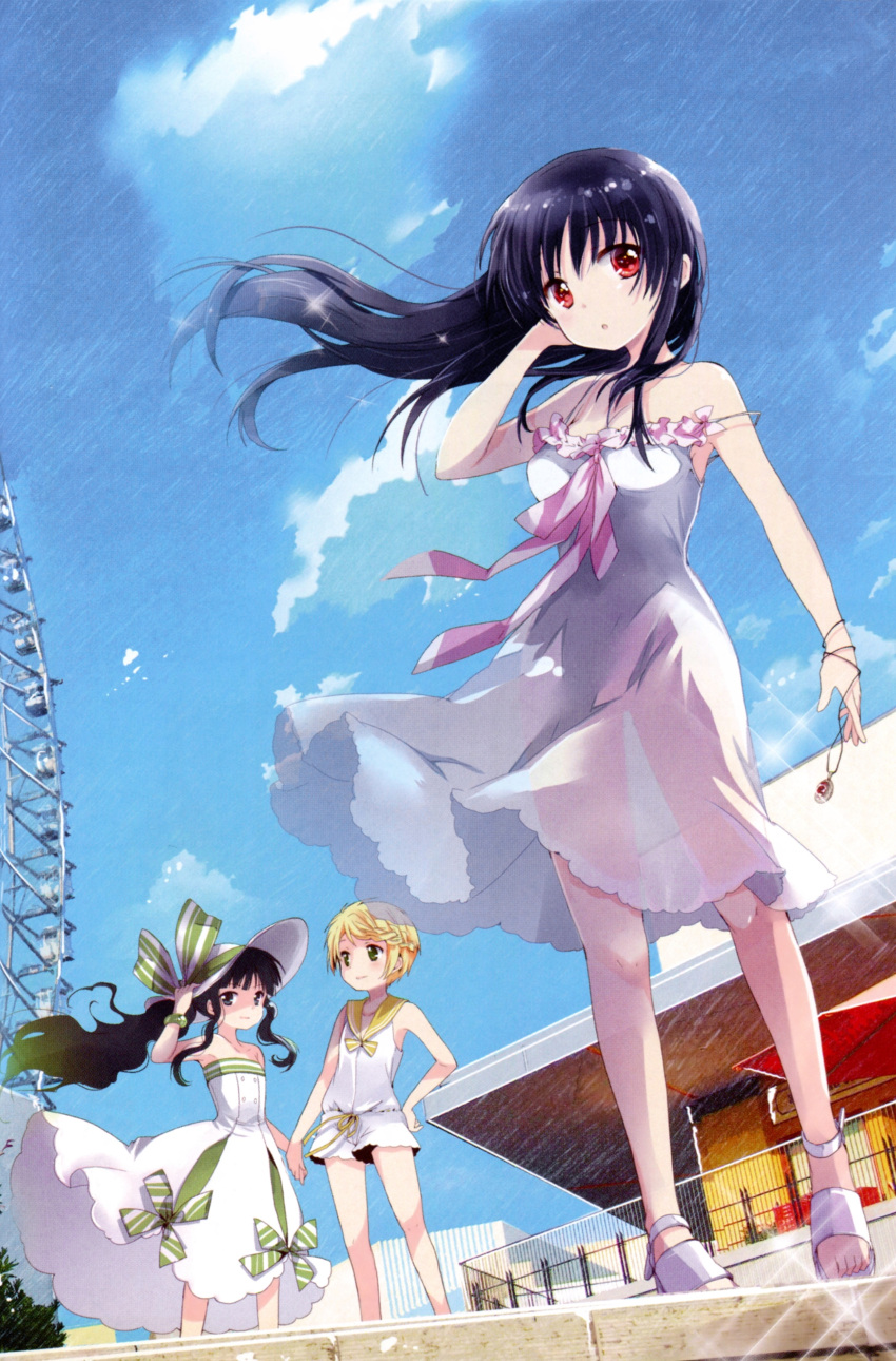 3girls, absurdres, black_hair, blonde_hair, breasts, dress, feet, floating_hair