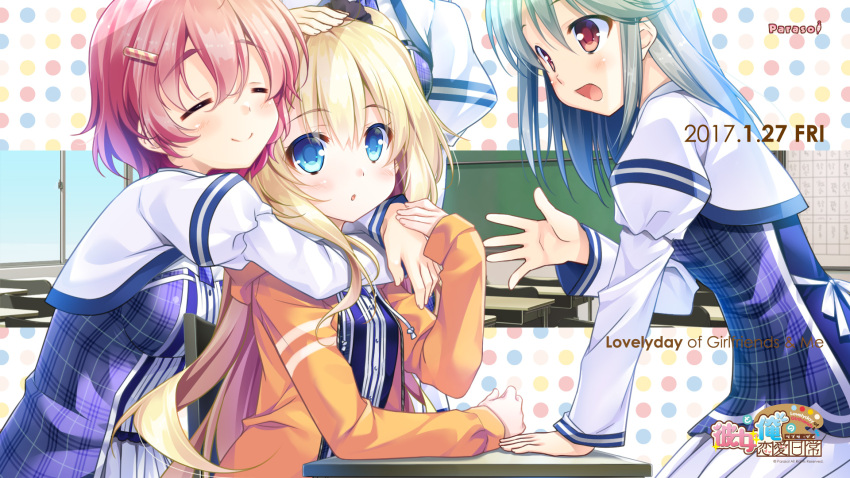 2017, 4girls, :d, arm_support, blonde_hair, blue_eyes, character_request, chikotam, classroom, closed_eyes, eyebrows_visible_through_hair, green_hair, hair_ornament, hairclip, hand_on_another's_head, highres, hood, hooded_jacket, hug, hug_from_behind, indoors, jacket, kanojo_to_ore_no_lovely_day, kongou_alice, long_hair, multiple_girls, open_mouth, orange_jacket, parted_lips, pink_hair, pleated_skirt, red_eyes, ribbon, scan, short_hair, skirt, smile, very_long_hair, white_ribbon, white_skirt