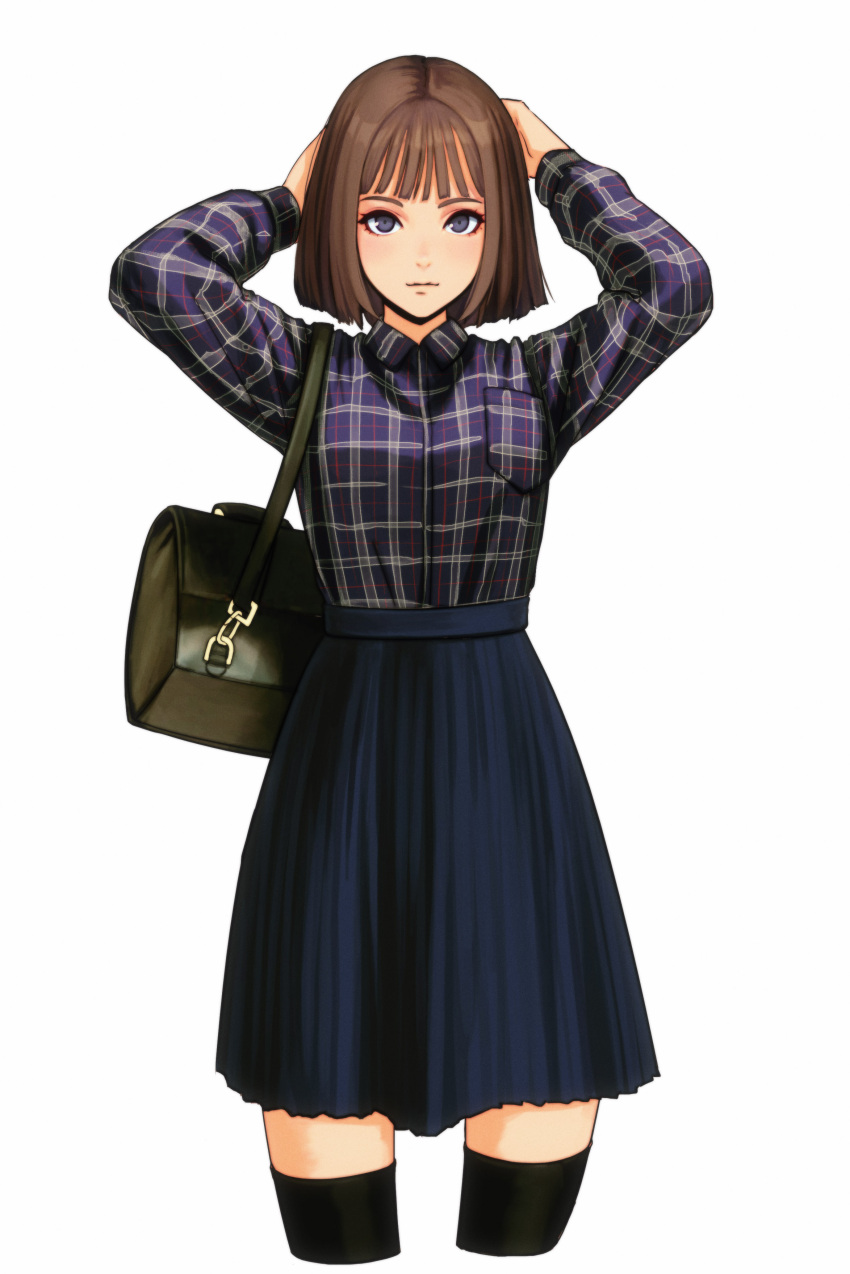 1girl, absurdres, bag, bangs, black_legwear, blue_eyes, blue_skirt, brown_hair