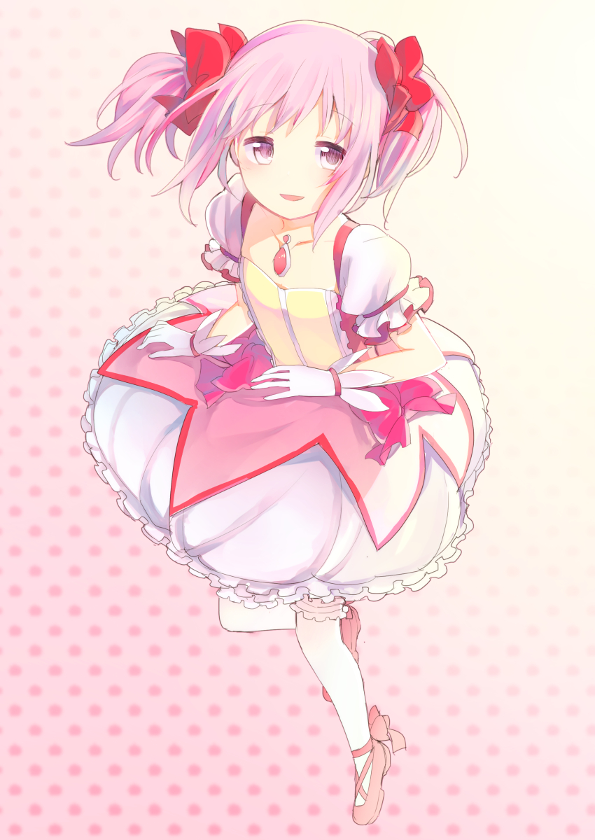 aabtcndneefkg, bubble_skirt, flat_chest, gloves, highres, kaname_madoka, magical_girl, mahou_shoujo_madoka_magica, pink_eyes, pink_hair, short_hair, skirt, twintails, white_legwear
