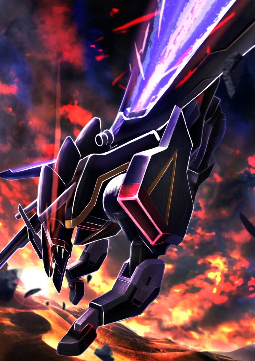 absurdres, deraken, gaia_gundam, gundam, gundam_seed, gundam_seed_destiny, highres, mecha, no_humans, rx-78-2, sunset