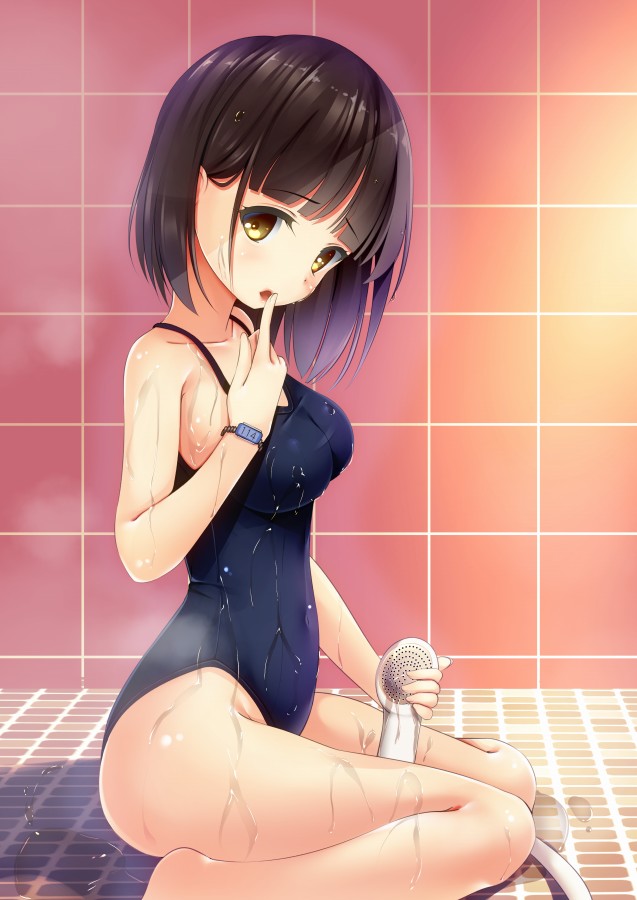 1girl, breasts, brown_eyes, brown_hair, finger_to_mouth, full_body, kneeling, looking_at_viewer