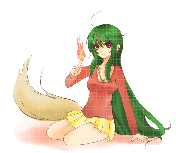 green_hair, inukami!, long_hair, red_eyes, saihara, skirt, tail, youko