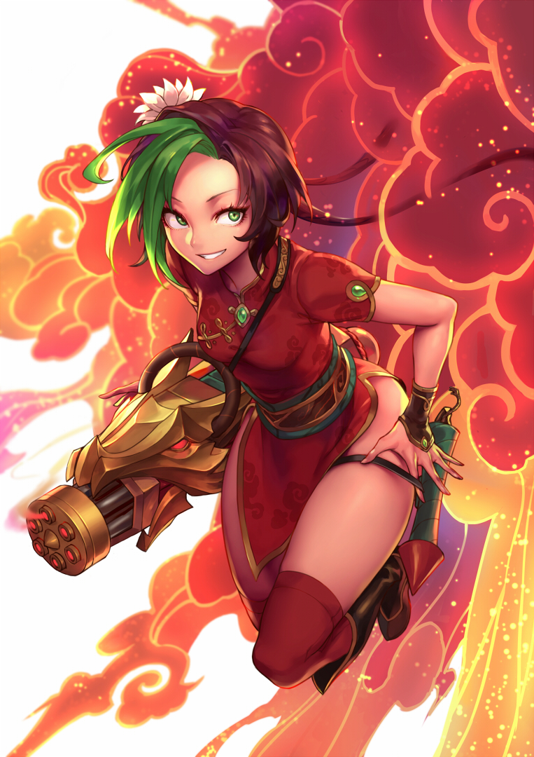 1girl, alternate_costume, alternate_hair_color, alternate_hairstyle, between_breasts, black_boots, boots, breasts