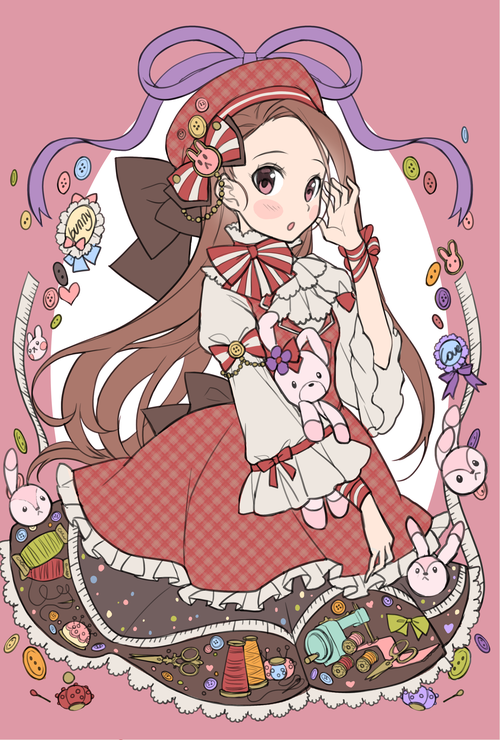 1girl, 72producer, brown_eyes, brown_hair, buttons, dress, hat, idolmaster