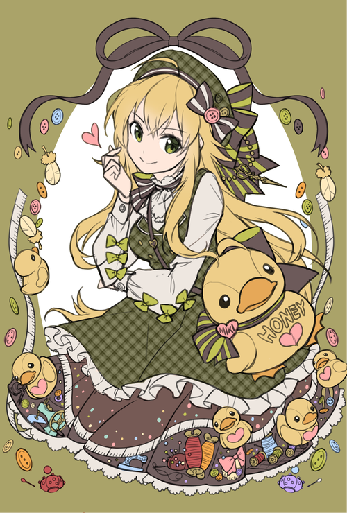 1girl, 72producer, ahoge, blonde_hair, buttons, dress, green_eyes, hat