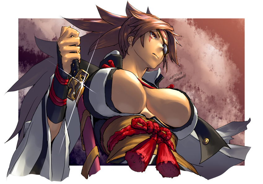 1girl, baiken, breasts, cleavage, dated, facial_mark, forehead_mark, guilty_gear