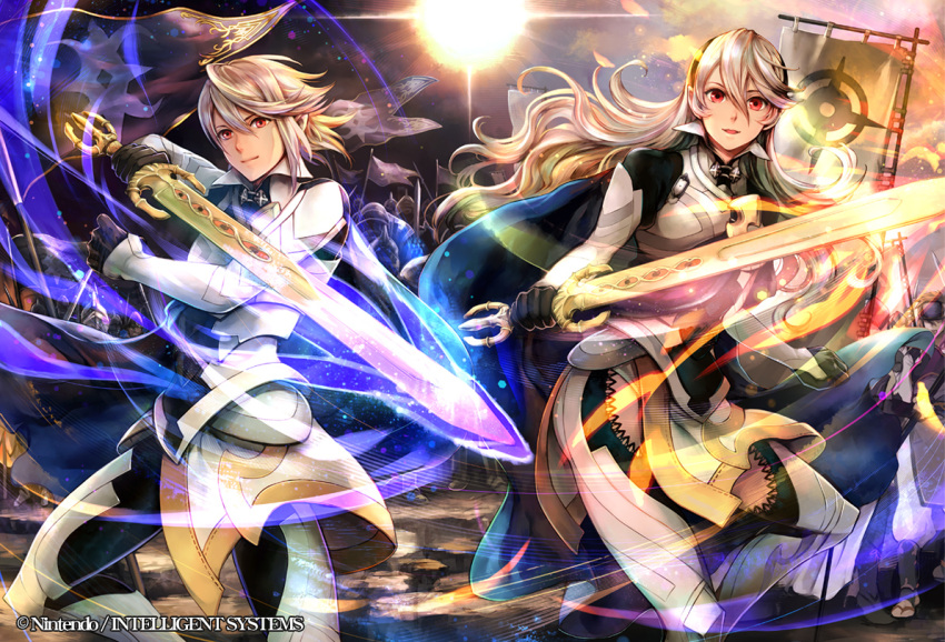 1boy, 1girl, armor, blonde_hair, cape, corrin_(female)_(fire_emblem), corrin_(fire_emblem), corrin_(male)_(fire_emblem)