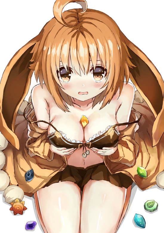 1girl, ahoge, animal_ears, bare_shoulders, breast_lift, breasts, brown_eyes, brown_hair