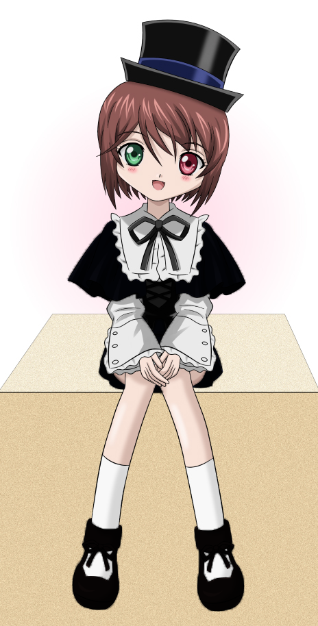 boku, boku_in_black, brown_hair, happy, hat, head_tilt, heterochromia, open_mouth