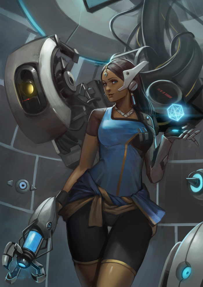 1girl, adapted_costume, aperture_science_advanced_knee_replacement, aperture_science_handheld_portal_device, asymmetrical_clothes, blue_eyes, bodysuit, boots