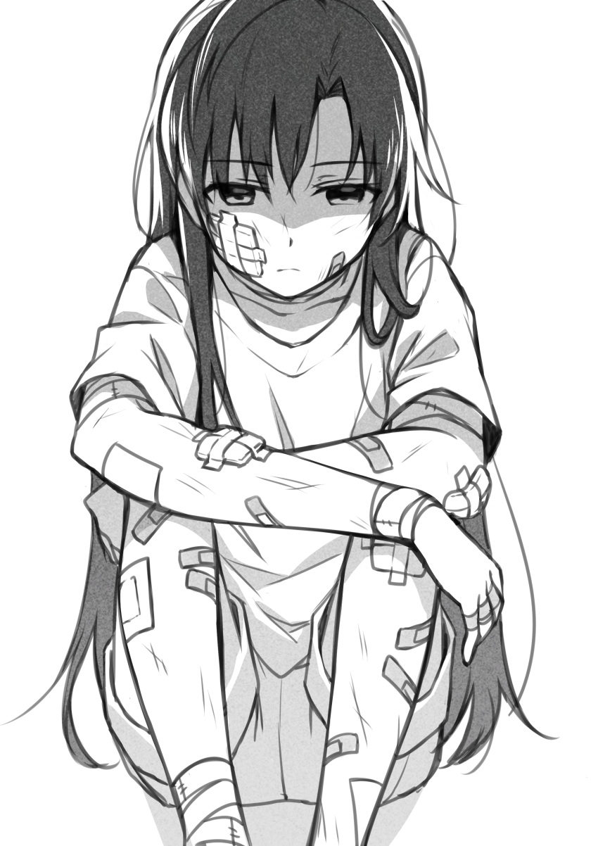 1girl, 72producer, absurdres, bandage, bandaid, depressed, greyscale, highres