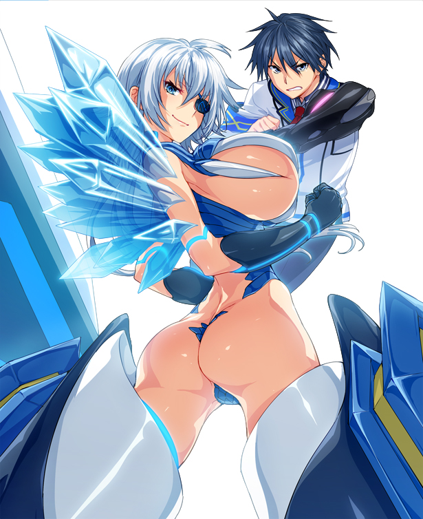 >:(, >:), 1boy, 1girl, armor, ass, black_eyes, black_gloves