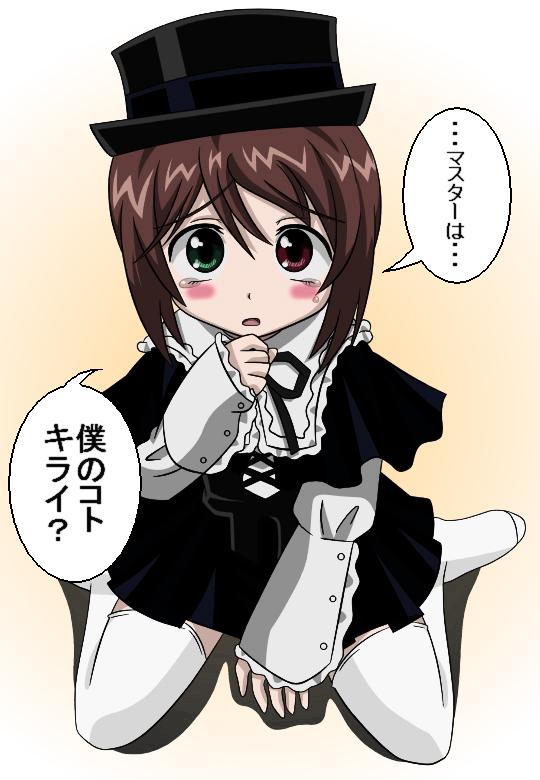 blush, boku, boku_in_black, brown_hair, hat, heterochromia, looking_up, rozen_maiden