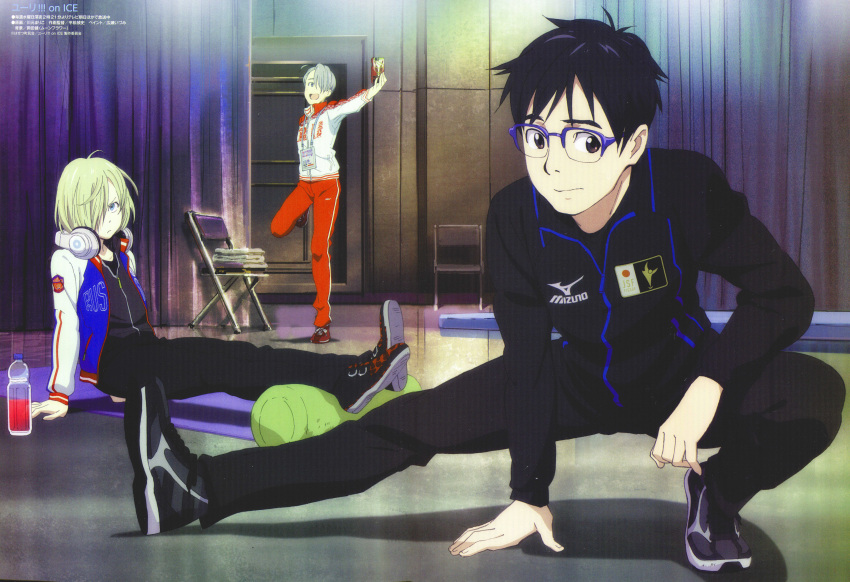 3boys, absurdres, black_hair, blonde_hair, blue-framed_eyewear, blue_eyes, brown_eyes, cellphone