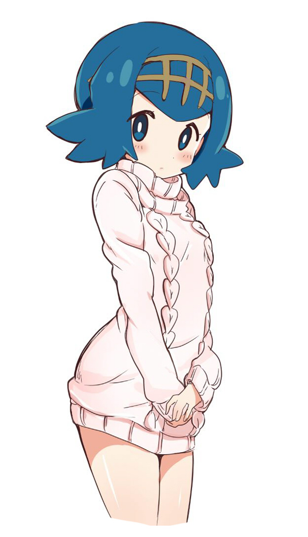 1girl, aran_sweater, blue_eyes, blue_hair, blush, bright_pupils, casual, cowboy_shot